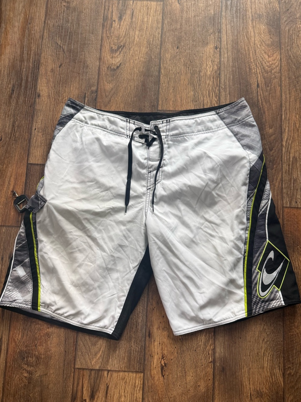 O'Neill White and Black Board Shorts with Lime Trim
